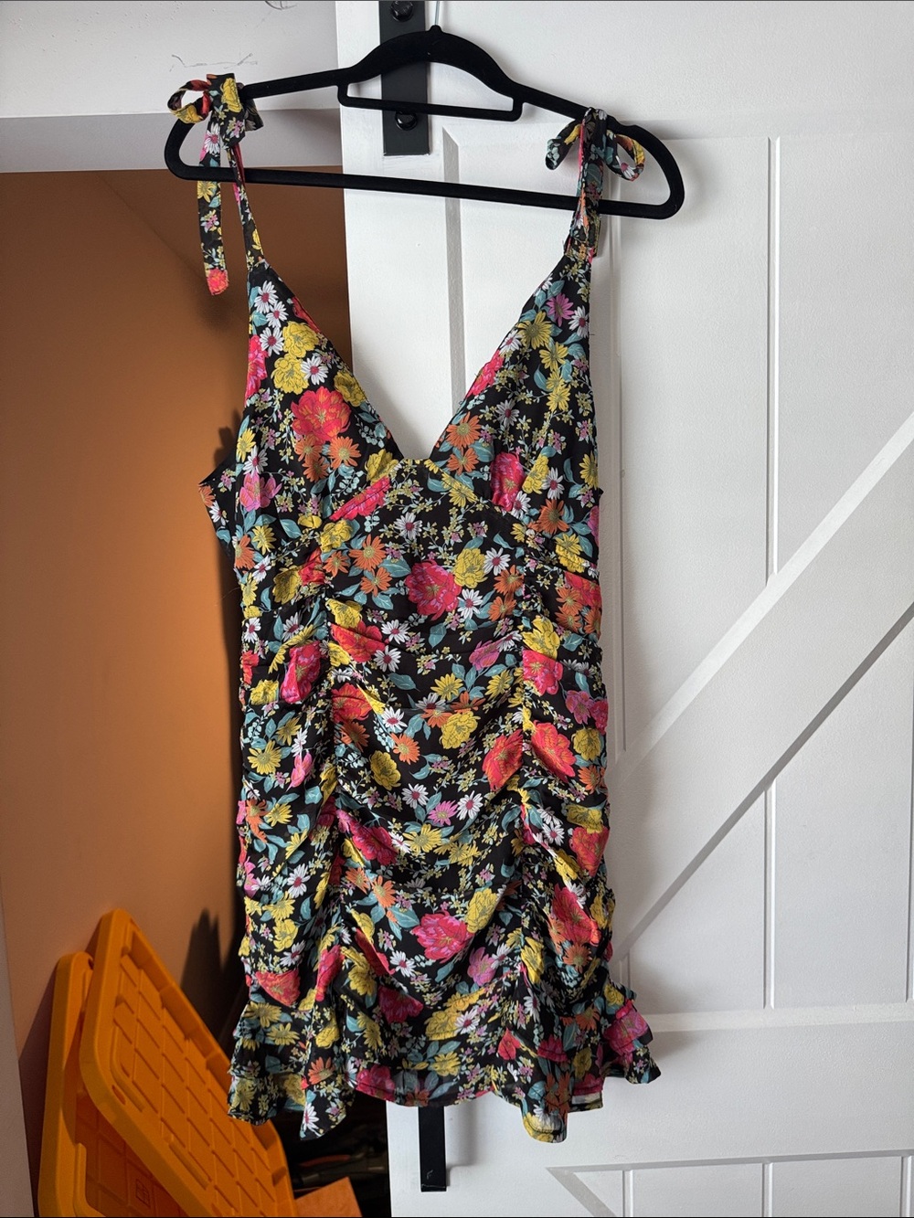Floral Tie-Shoulder Midi Dress in Black Multi